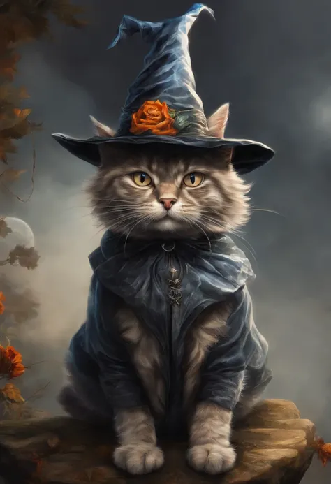 a close up of a cat wearing a witch hat sitting on a rock, cat witch, witchy, oil painting of cat witch, scarry but bewitching, witch, with bewitching eyes, classical witch, with a bewitching voice, bewitching, witch fairytale, a witch, black cat, anime ca...