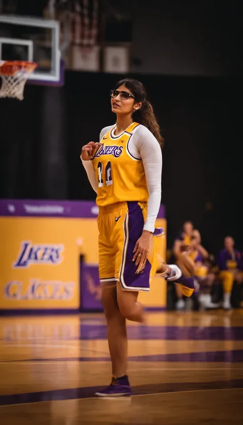 mia khalifa ex atriz porno, jogando basquete vestido o uniforme do Los Angeles lakers