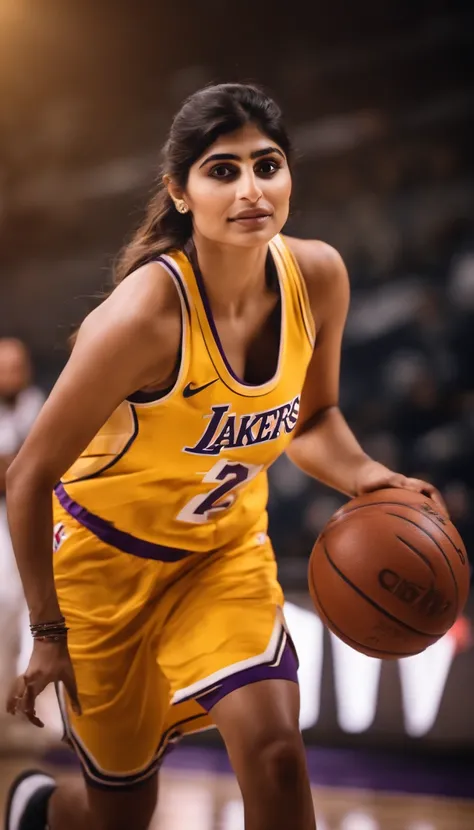 mia khalifa ex atriz porno, jogando basquete vestido o uniforme do Los Angeles lakers