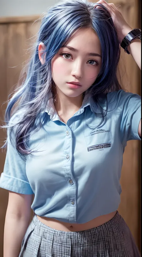 (Best quality,4K,8K,A high resolution,Masterpiece:1.5),Ultra-detailed,Realistic,Photorealistic:1.37,Portrait,Girls uniform,schoolgirl,Blue button-down shirt,beautiful detailed skin,Long hair with silver gradually transitioning to blue highlights,fightingpo...