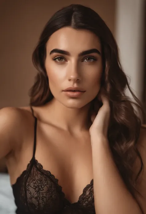 Arafed woman in sheer lingerie and thong,  Huge-breasts ,  Sexy girl with brown eyes, Portrait of dua lipa , brown hair and large eyes, selfie of a young woman, Eyes Bedroom , no makeup, natural makeup, looking straight at camera, face with artgram, fine m...