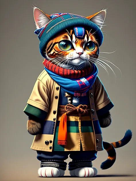 Image of a cat with cap and scarf, Art Station Trend, vestido com roupas punk, hyper realistic detailed rendering, British gang member, estilo urbano, pose intimidadora, planeta dos gatos, roupas da moda, samurai urbano, miau, West Slavic traits, 8 1 5,fun...