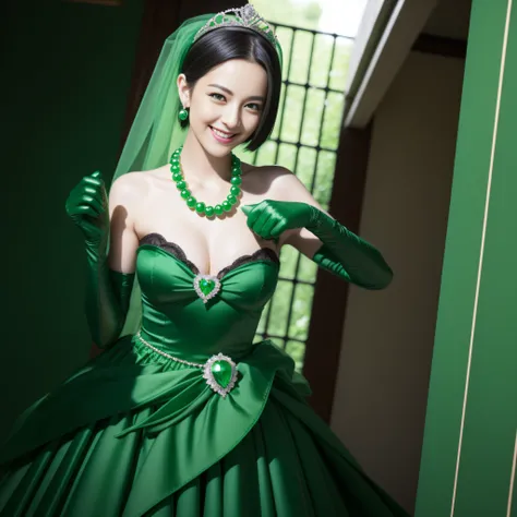 emerald tiara, Green Pearl Necklace, Boyish very short black hair, lipsticks, Japan woman smiling, very short short hair, fist, big breasts beautiful, Green eyes, Long green gloves made of satin material, Green eyes