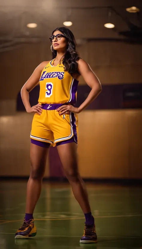 mia khalifa ex atriz , jogando basquete vestido o uniforme do Los Angeles lakers