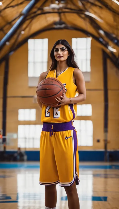 mia khalifa ex atriz , jogando basquete vestido o uniforme do Los Angeles lakers