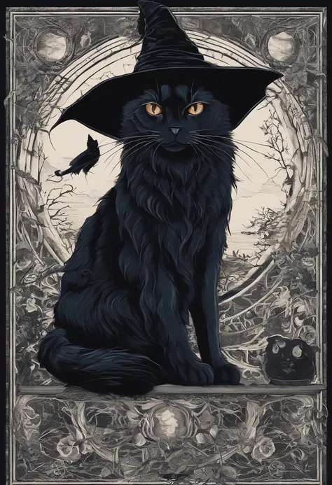 a close up of a cat wearing a witch hat sitting on a rock, cat witch, witchy, oil painting of cat witch, scarry but bewitching, witch, with bewitching eyes, classical witch, with a bewitching voice, bewitching, witch fairytale, a witch, black cat, anime ca...