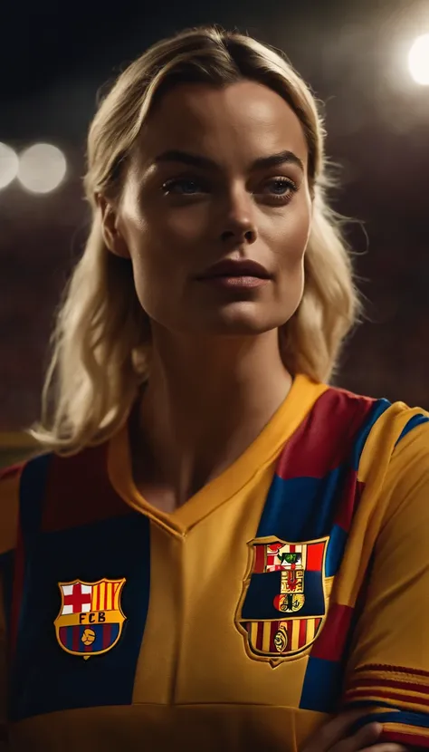 Margot Robbie vestindo o uniforme do time de Soccer Barcelona