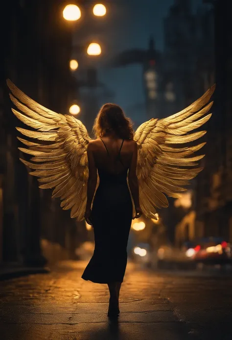 The image depicts an angelic woman wandering over the city at night. The lights of the city create an atmosphere of gold and drama, And its delicate presence and dark wings contrast with the urban environment. The woman seemed to be protective and vigilant...