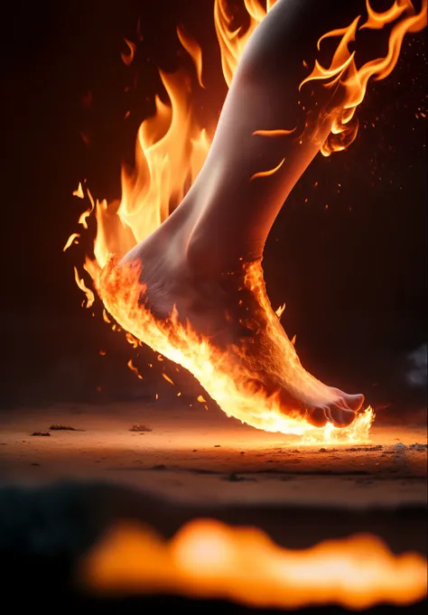 a closeup of a burning persons foot on a black background, saindo das chamas, Standing on the fire, (fire), ardente, fires!! hiper-realista, walk away, fogo em chamas, corpo feito de fogo, gigantesca de fogo quente, usando chamas tumultuosas, blazing fire,...