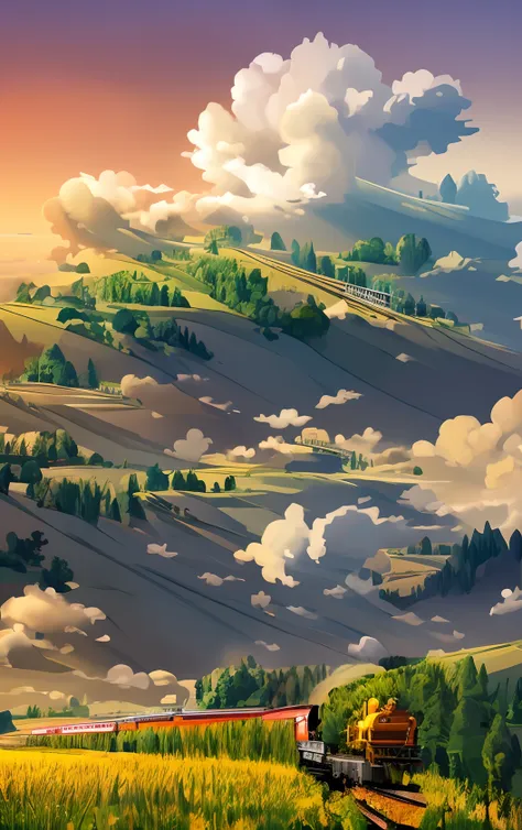 there is a train that is going down the tracks in the field, anime countryside landscape, made of tree and fantasy valley, scenery art detailed, beautifull puffy clouds. anime, detailed scenery —width 672, anime landscape wallpaper, anime landscape, studio...