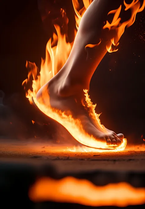 a closeup of a burning persons foot on a black background, saindo das chamas, Standing on the fire, (fire), ardente, fires!! hiper-realista, walk away, fogo em chamas, corpo feito de fogo, gigantesca de fogo quente, usando chamas tumultuosas, blazing fire,...