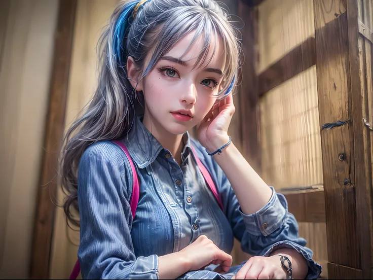 (Best quality,4K,8K,A high resolution,Masterpiece:1.5),Ultra-detailed,Realistic,Photorealistic:1.37,Portrait,Girls uniform,schoolgirl,Blue button-down shirt,beautiful detailed skin,Long silver hair gradually transitions to blue highlights,fightingpose,Shor...