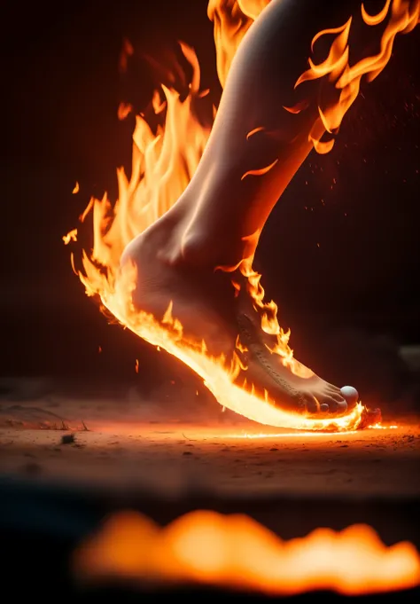 a closeup of a burning persons foot on a black background, saindo das chamas, Standing on the fire, (fire), ardente, fires!! hiper-realista, walk away, fogo em chamas, corpo feito de fogo, gigantesca de fogo quente, usando chamas tumultuosas, blazing fire,...