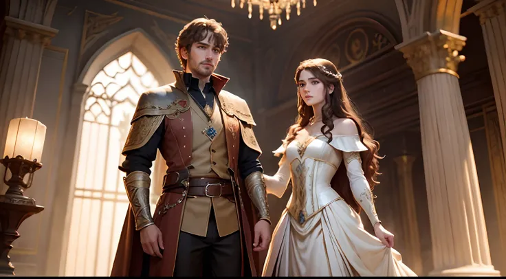 Prince Hadrian, brown hair, with perfect eyes from the kingdom of Avalora in the main hall marrying Princess Elara, in style, both dressed as grooms Film style, medieval style, sharp focus, hyper-realism, detailed painting, design of characters, concept ar...