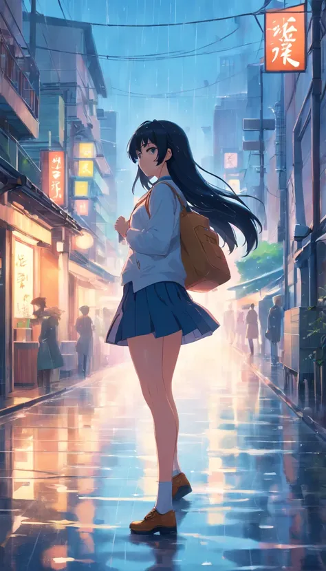 Anime girl with long black hair, beautiful anime artwork, style of anime4 K, anime art wallpaper 4k,rainy day，windows，In the street，rain drops、cute little、Good Style、Japanese student uniform、skirt by the