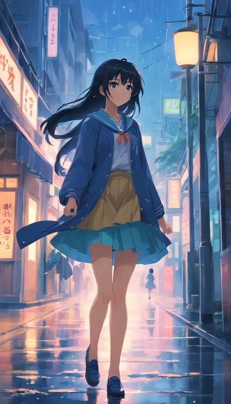 Anime girl with long black hair, beautiful anime artwork, style of anime4 K, anime art wallpaper 4k,rainy day，windows，In the street，rain drops、cute little、Good Style、Japanese student uniform、skirt by the