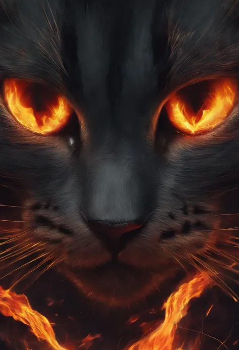 a close up of a cat with fire on its face, demon cat, warrior cats fan art, awesome cat, fire eyes, warrior cats, bright fire eyes, cat from the void, the dark god of cats, he has eyes of fire, on fire, fires!! hyperrealistic, cat warrior, fiery eyes, a pa...