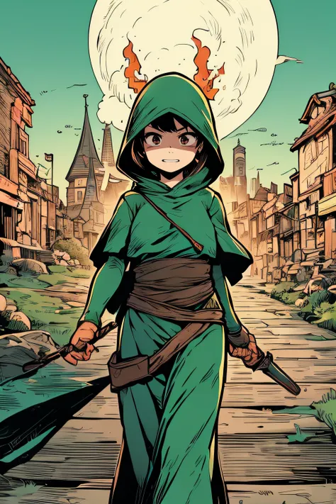 bandit girl、green costume、big castle in the background、green flame