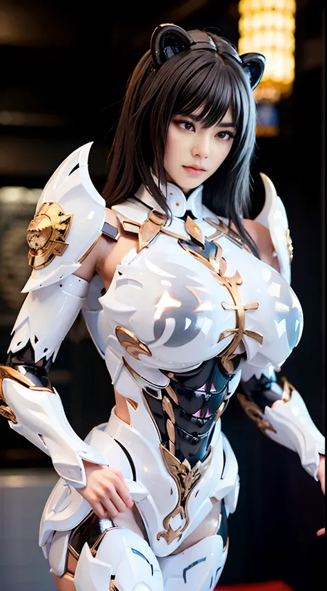 CHINESE TIGER, WOMAN, HUGE FAKE TITS, (White, Black:1.5), TIGER HEAD, HEAVY CRYSTAL ARMOR, TRANSPARANT, MUSCLE BODY, MUSCLE ABS.