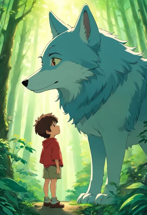 6 year old boy, magical forest, meets kind wolf, face to face boy and wolf