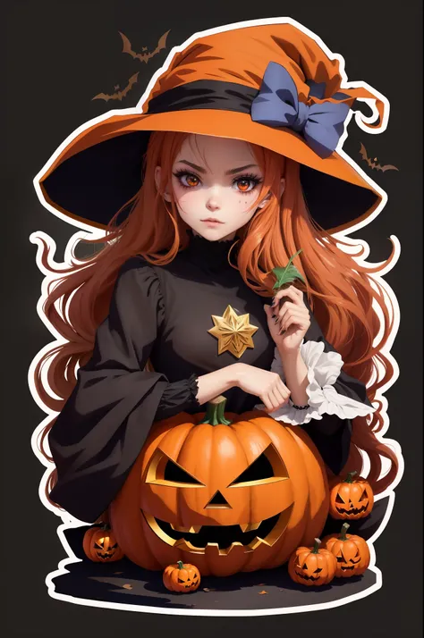 Anime girl in a witch costume holding a pumpkin, Em um estilo de Halloween, menina bruxa, Halloween Estilo de Arte, Retrato de uma jovem bruxa, bruxa brilhante, beautiful witch female, magia de elenco de bruxa de anime de paquera, halloween celebration, Te...