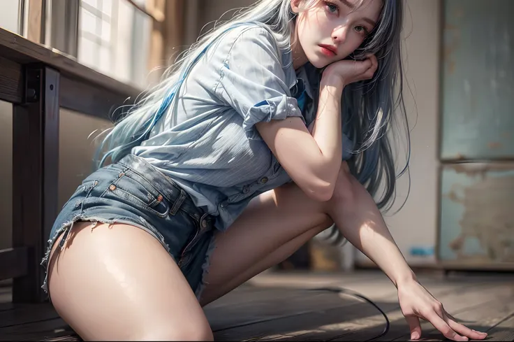 (Best quality,4K,8K,A high resolution,Masterpiece:1.5),Ultra-detailed,Realistic,Photorealistic:1.37,Portrait,Girls uniform,schoolgirl,Blue button-down shirt,beautiful detailed skin,Long silver hair gradually transitions to blue highlights,fightingpose,Shor...