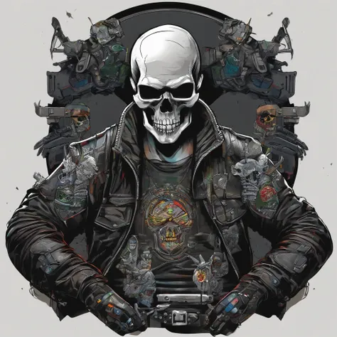 1 highly reflective chrome skull head member of the male cyberpunk motorcycle gang with LED illuminated cybernetic prosthetic arms housing retractable hidden weapons and bright white eyes, All black leather and motorcycle vest with skull motorcycle patch e...