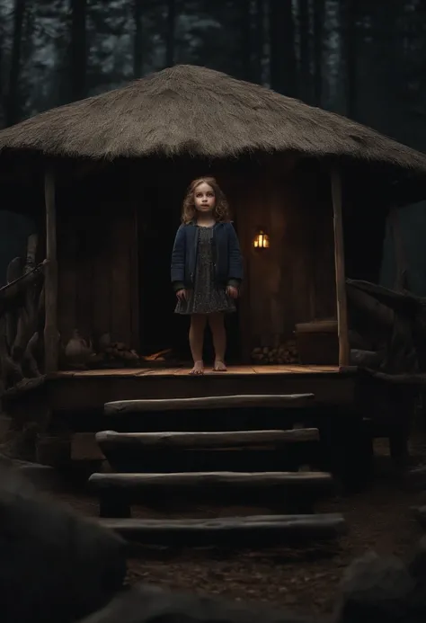 ( illustration:1.2), (1girl, child, kid, solo:1.4),(from front,fullbody:1.1), Child, very young girl in a gloomy and sad wooden hut, with a scary look and macabre smile, blank look, pale skin, black clothes, night, moon lighting, high detail, photorealisti...