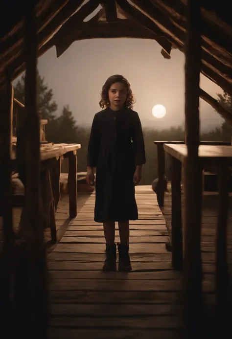 ( illustration:1.2), (1girl, child, kid, solo:1.4),(from front,fullbody:1.1), Child, very young girl in a gloomy and sad wooden hut, with a scary look and macabre smile, blank look, pale skin, black clothes, night, moon lighting, high detail, photorealisti...