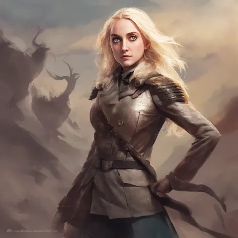 Evanna Lynch Luna Lovegood from the movie "Harry Potter" in a fantasy military costume, combat pose, combat stance, Mortal Combat, Realism