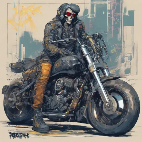 1 head member of the male cyberpunk motorcycle gang skull with LED-illuminated cybernetic prosthetic arms housing retractable concealed weapons and bright white eyes, All black leather and motorcycle vest with skull embroidered motorcycle patch emblem embo...