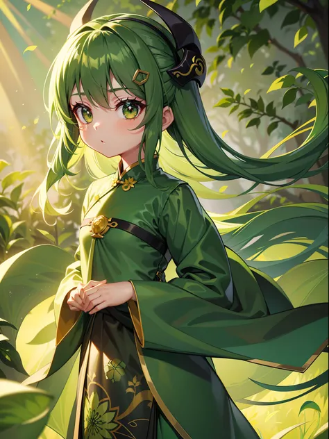 Forest green background，kawaii，Portrait of a little girl，Dark green pupils，Long green hair，curlies，Wearing a green cheongsam，Fashion，wind blowing leaves，rays of sunshine，8K vision，frontage，tilts your head，Hanfu，green color，Dragons horn，Gold vintage color s...