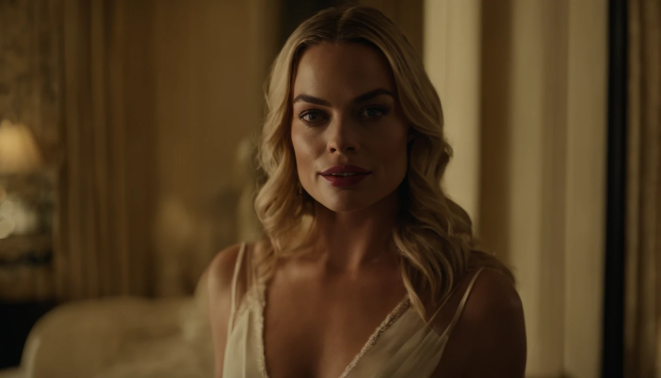 Margot Robbie nua em frente a um espelho em seu quarto, detailed features of the face and body, estilo arlequina, tatuagens detalhadas, cores vibrantes, realistic lighting, maquiagem brilhante, luxurious room decoration, reflexo brilhante do espelho, confi...