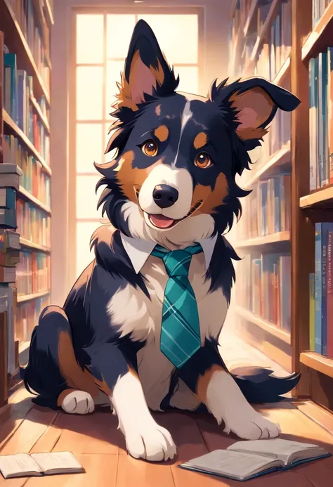 Make a Border Collie Dog, This dog must be wearing a tie and glasses, deve estar em uma biblioteca lendo um livro. Foto estilo disney pixar