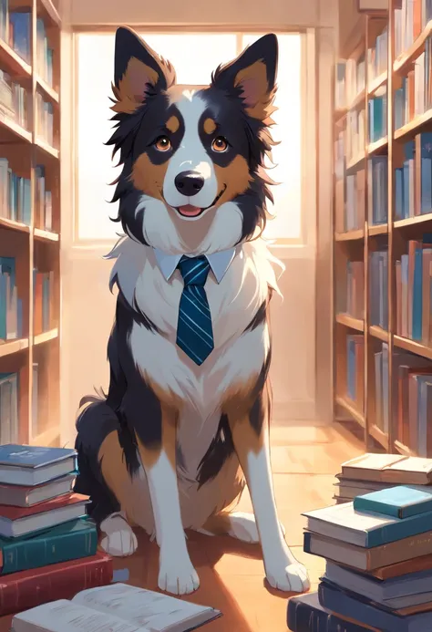 Make a Border Collie Dog, This dog must be wearing a tie and glasses, deve estar em uma biblioteca lendo um livro. Foto estilo disney pixar