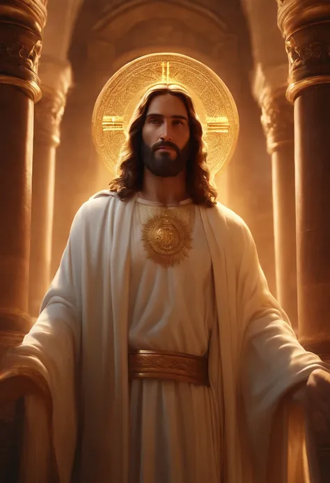 Draw a portrait of Jesus Christ, facing the camera, inside the temple, 12K, high quality, HD, octane rendering, cinematic lighting