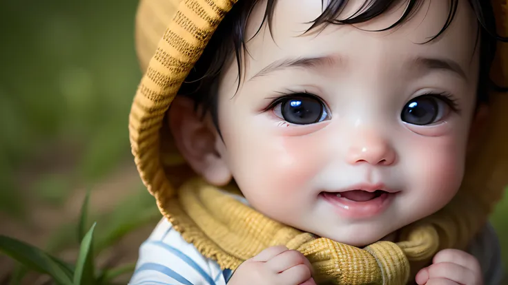 Cute 1 year old baby boy, face round, Round eyes, On the nose, Lips, Smiling