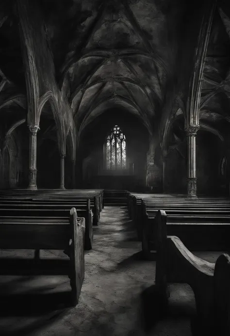 (best quality,Realistic:1.37),Escuro, Dirty-looking young man sitting in an old abandoned church, detailed face expression,atmosfera empoeirada,ambiente assustador,Solemn and sinister illumination,vitrais,crumbling walls,trepadeiras e musgo crescidos,decay...