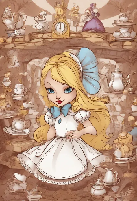 a bunch of cartoon characters with a sign, the theme of alice in wonderland, alice in wonderland style, alice in wonderland theme, like alice in wonderland, portrait of alice in wonderland, alice, alice in wonderland, alice attends mad tea party, alice in ...