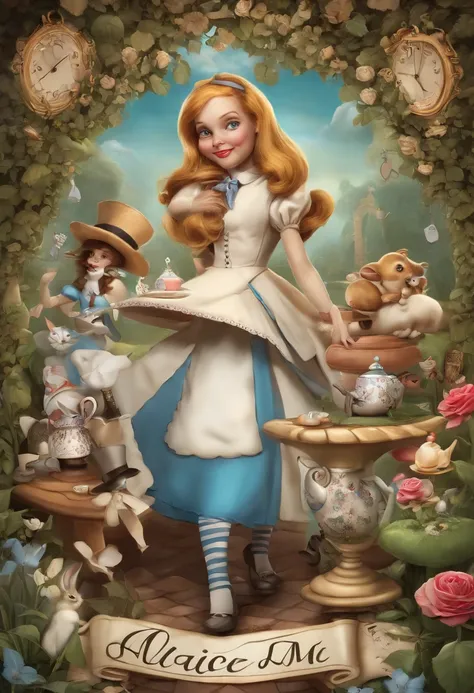 a bunch of cartoon characters with a sign, the theme of alice in wonderland, alice in wonderland style, alice in wonderland theme, like alice in wonderland, portrait of alice in wonderland, alice, alice in wonderland, alice attends mad tea party, alice in ...