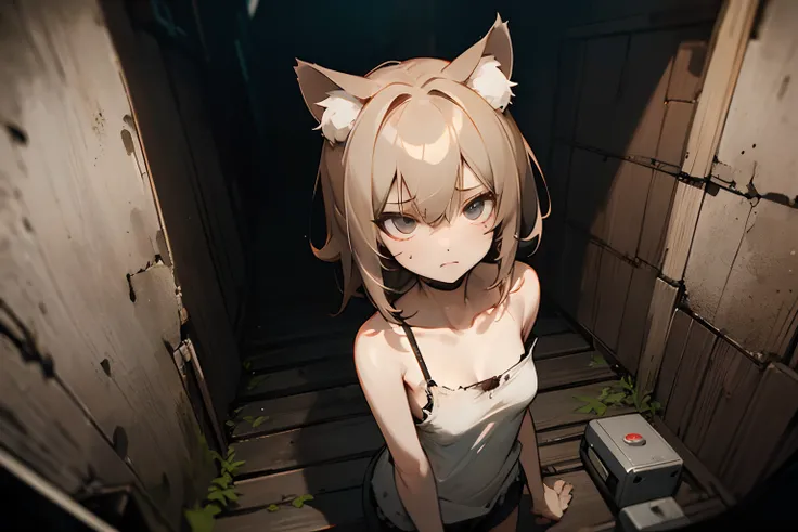 ((best quality)), in 8K, from above、(Damp dark tunnel、Very unkempt hair, Flashlight), (exposed breast, Tattered and dirty white camisole, Slender small breasts、Tense face), Textured skin, Cat ears, Pale brown hair, Cute Beautiful Girl