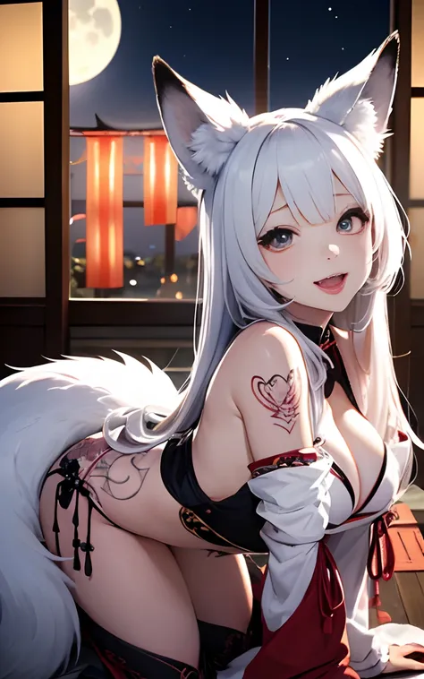 16K Ultra HD High Quality Charming Fox Girl、ultra gigantic tits、Super big ass、Super detail Ultra-real body。very long eyelashes、The pupil has a red heart-shaped symbol。I sweated。Two white fox ears、Glossy and fine hair texture、White and black mesh with long ...