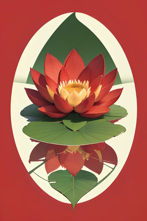 hand drawn lotus flower in red inside a circle and with a green background outside the circle