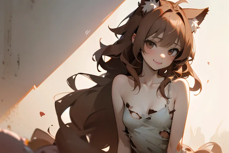 ((best quality)), in 8K, wide shot, (Very unkempt hair, exposed breast, Tattered and torn camisole,　Dirty white camisole、 Slender small breasts)、Finding a single red flower、red blush、Troubled smile, Textured skin, Cat ears, Pale brown hair, Cute Beautiful ...