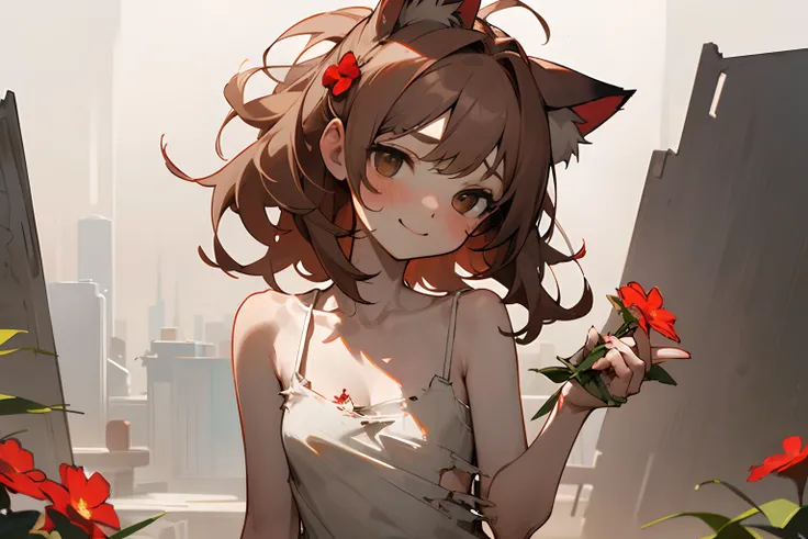 ((best quality)), in 8K, wide shot, (Very unkempt hair, exposed breast, Tattered and torn camisole,　Dirty white camisole、 Slender small breasts、Single red flower、holding flowers）、red blush、Troubled smile, Textured skin, Cat ears, Pale brown hair, Cute Beau...