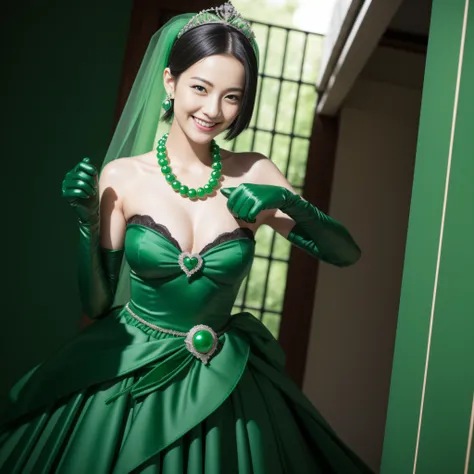 Boyish very short black hair, lipsticks, Japan woman smiling, Green Long Grove,　Emerald Tia boyish very short black hair, lipsticks, Japan woman smiling, Satin green long gloves, Green Pearl Necklace, verd s eyes, Green eyes, Long green gloves made of sati...