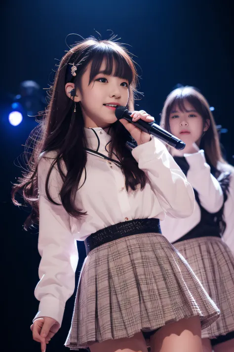 ​masterpiece, top-quality, 8K, absurderes, (The upper part of the body:1.4), Idol stage costumes, flered skirt、Kawaii Girl, Clean face, looking at the viewers, A smile, Hold the microphone and sing、A hyper-realistic, hight resolution, a picture, film grain...