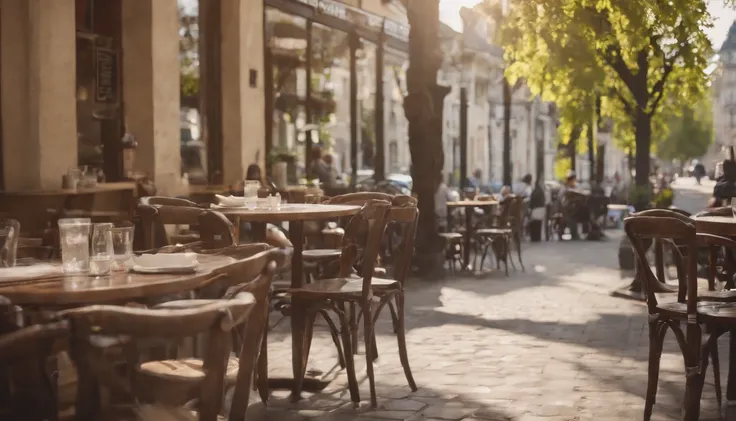 Urban cityscape,Spring sunshine,early afternoon,Stylish café、Outside view