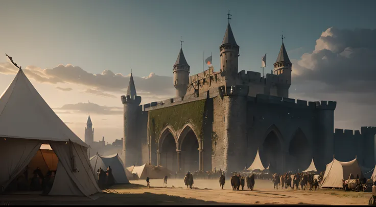 create an image outside the medieval castle, from the year 1800, this at war,many warriors with horses, destroyed city movie style,medieval,realistic with tents outside,movie style,holyhood,cinematic epic,medieval style,sharp focus,hyperrealism,detailed pa...