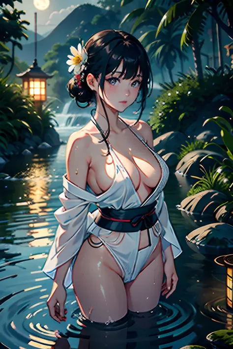 1girl, breasts, moon, lantern, night, solo, large breasts, hair ornament, wet, kimono, japanese clothes, wading, water, hair flower, flower, outdoors, sky, full moon, rain, black hair, off shoulder, mountain, cloud, holding, sash, bare shoulders, paper lan...